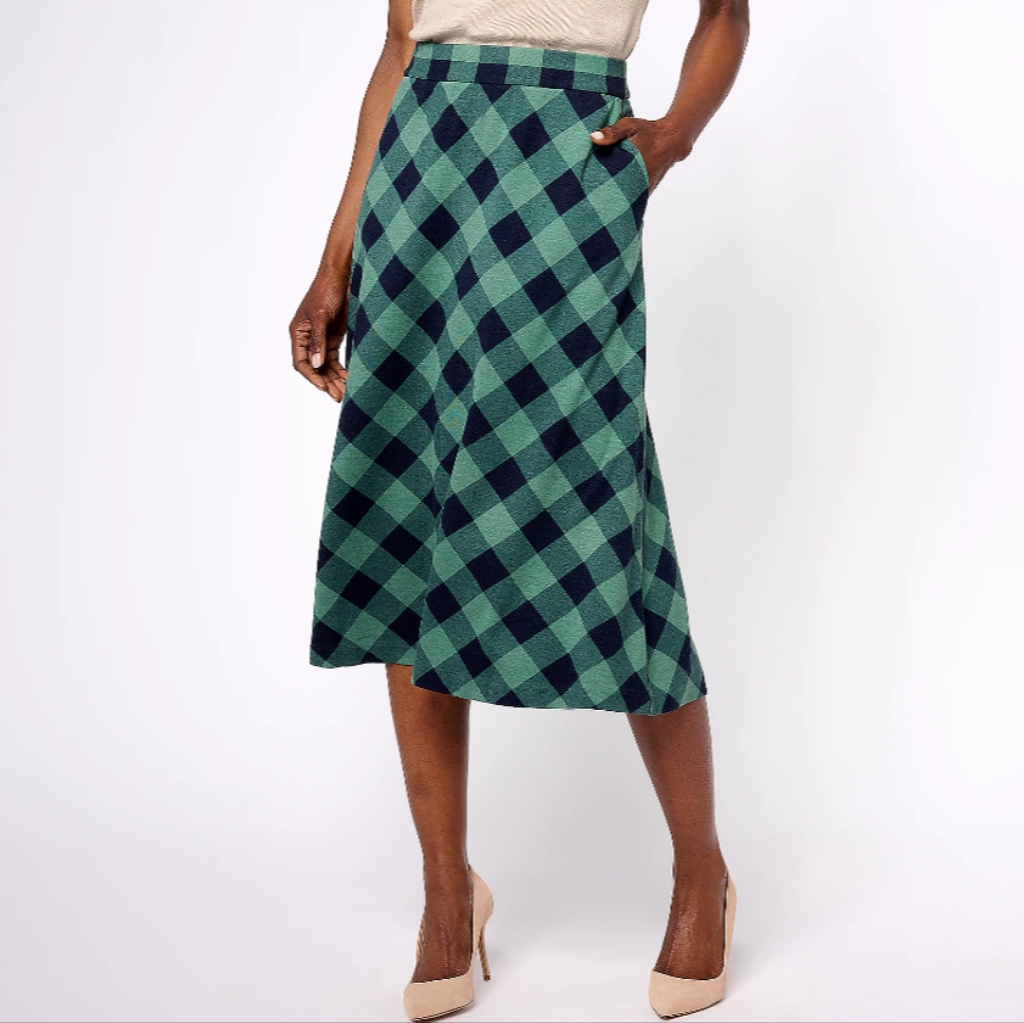 Qvc 3xp Isaac Mizrahi Live! Regular Printed Ponte Pull On Green/Black Midi Skirt